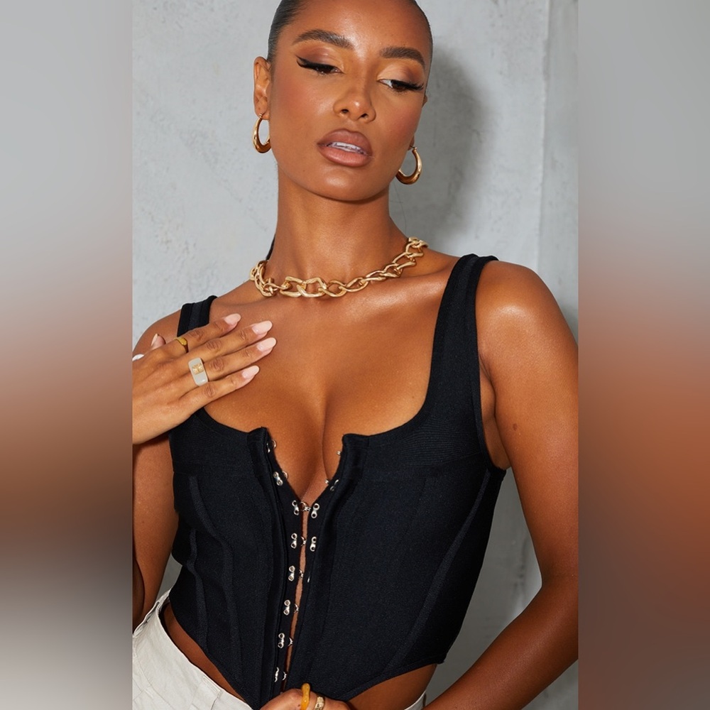PRETTYLITTLETHING Black Bustier Hook & Eye Detail Stretch Corset Tank Top Shirt